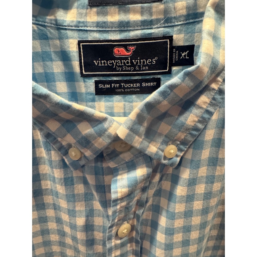 Vineyard Vines Mens XL Slim Fit Tucker Shirt Blue Gingham Plaid Cotton Button Up